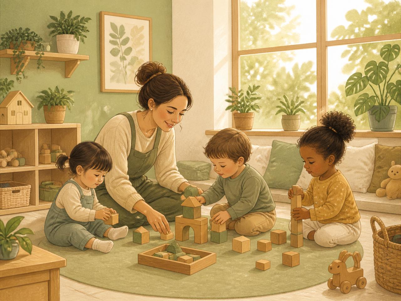 Professora e crianças brincando com blocos de madeira em uma sala de educação infantil